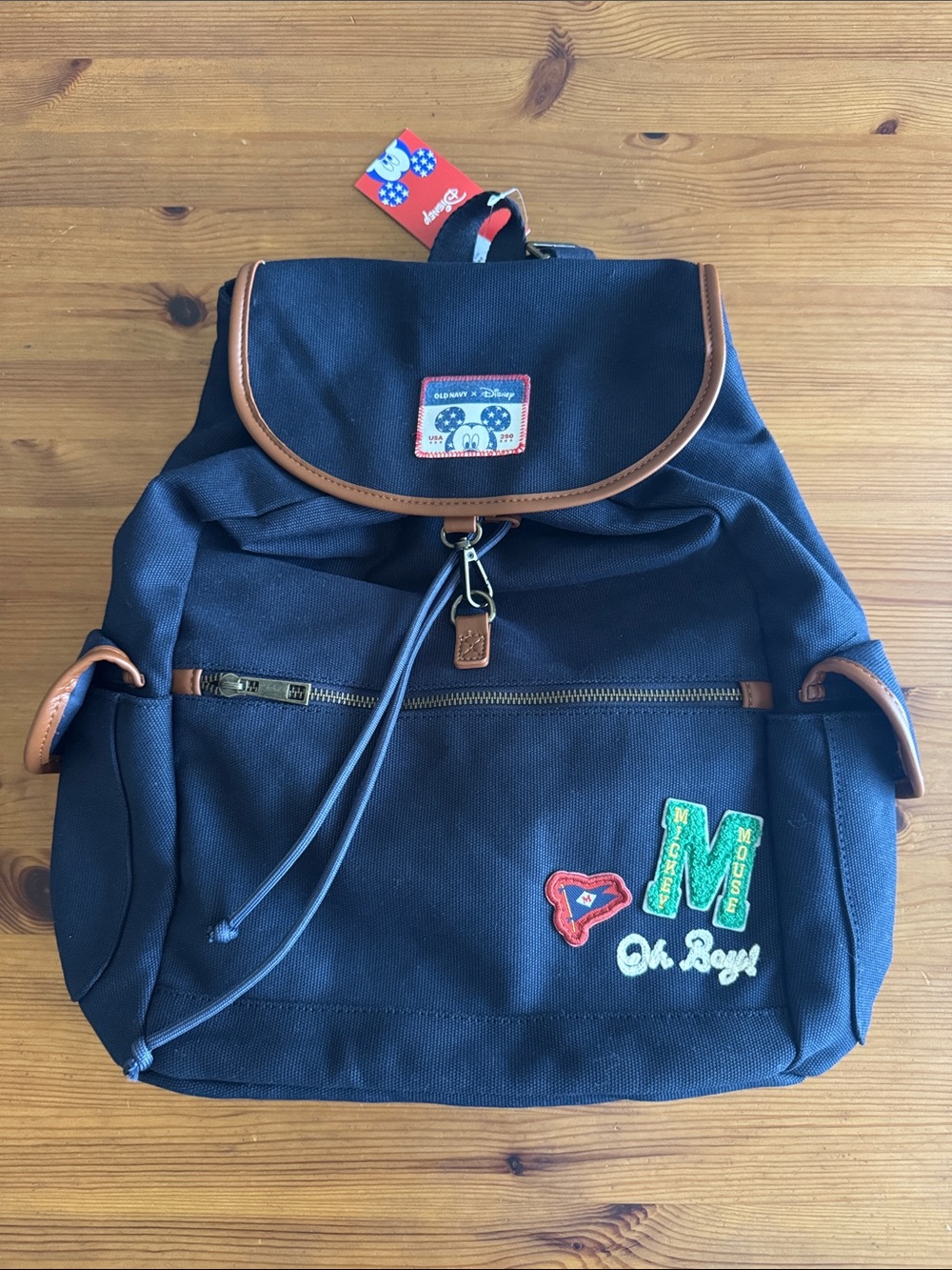 Old Navy x Disney Navy Blue Canvas Backpack with Brown Trim and Patch Accents